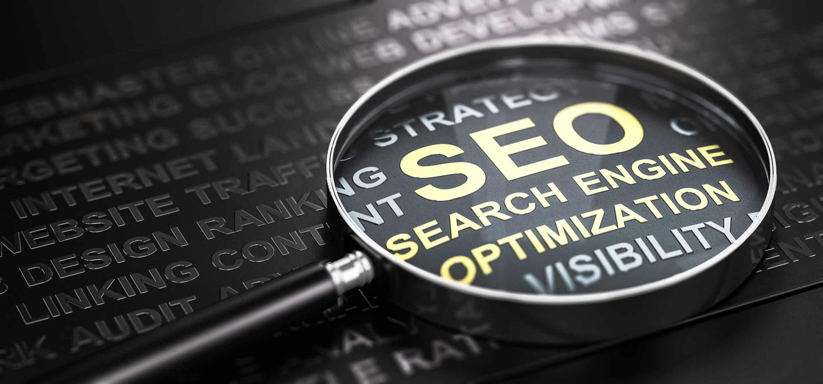 magnifying glass many words black background with text seo search engine optimization written with golden letters internet marketing web analytics concept 3d illustration scaled